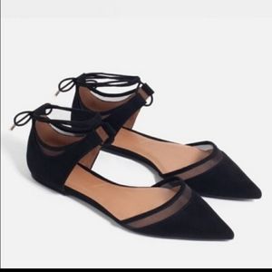 NWOT Zara Black Suede Mesh Lace Up Pointed Flats